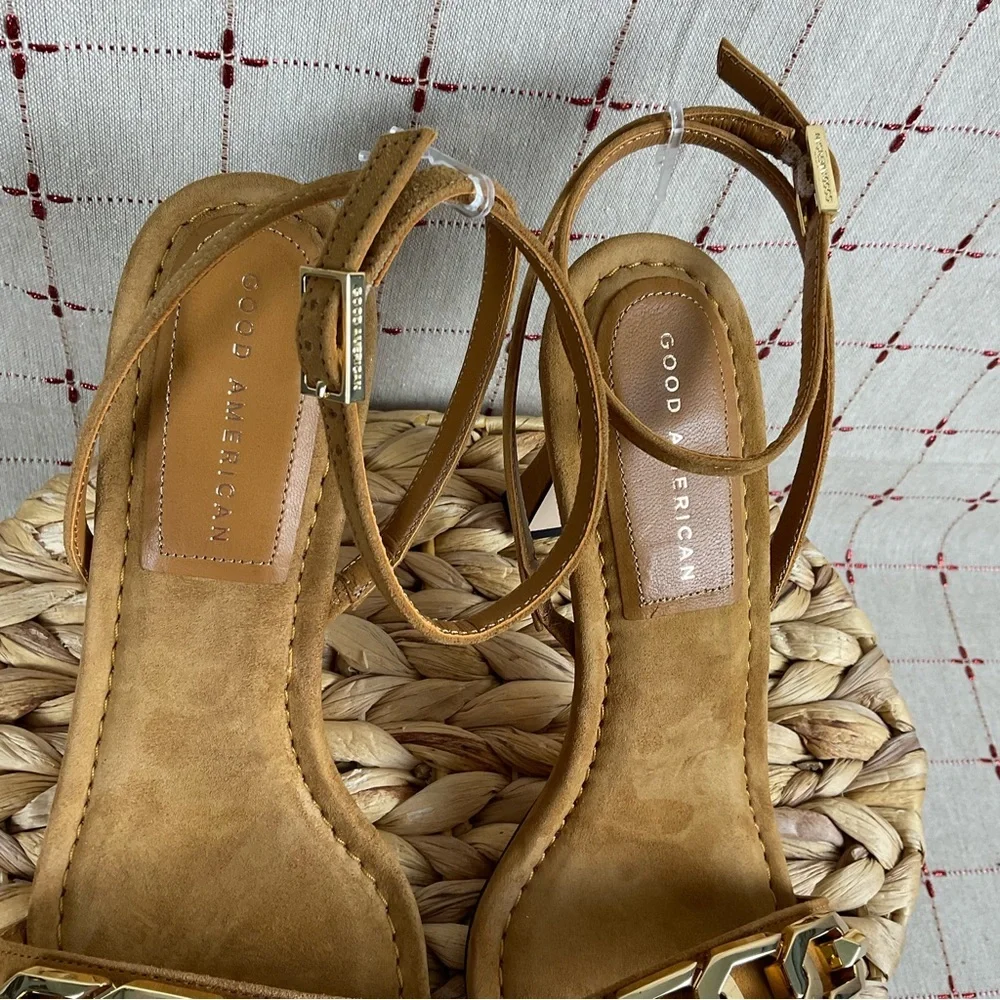 Good American Suede Single Strap Chain Heeled Sandals Amber Brown Sz 11 New - Picture 9 of 12